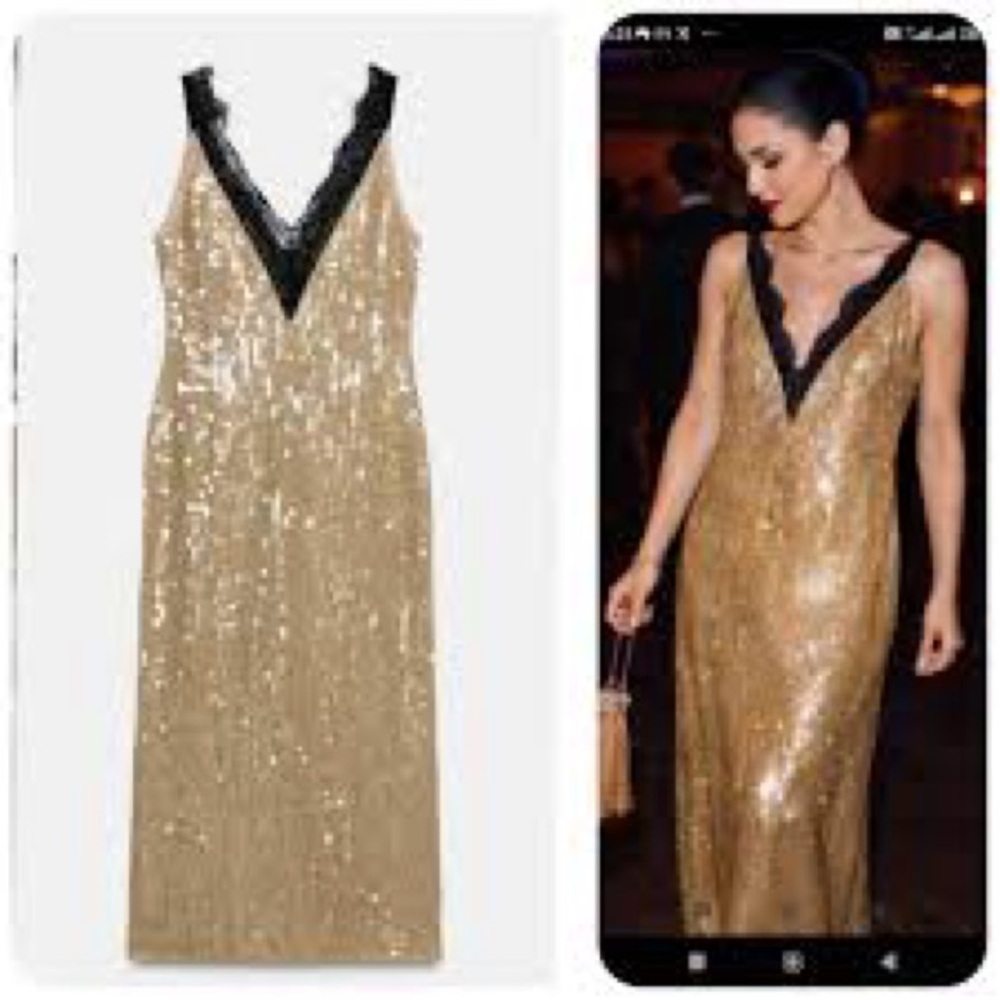Zara Sequin Gold and Black Lace Dress NWT - Picture 2 of 9